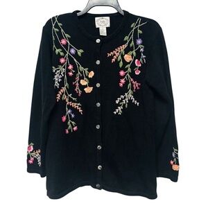 Vintage Black Embroidered Floral‎ Button Ramie Cotton Blend Cardigan Size Small